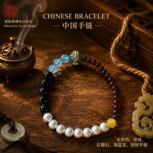 Tai Sui Talisman Pearl Garnet Aquamarine Bracelet